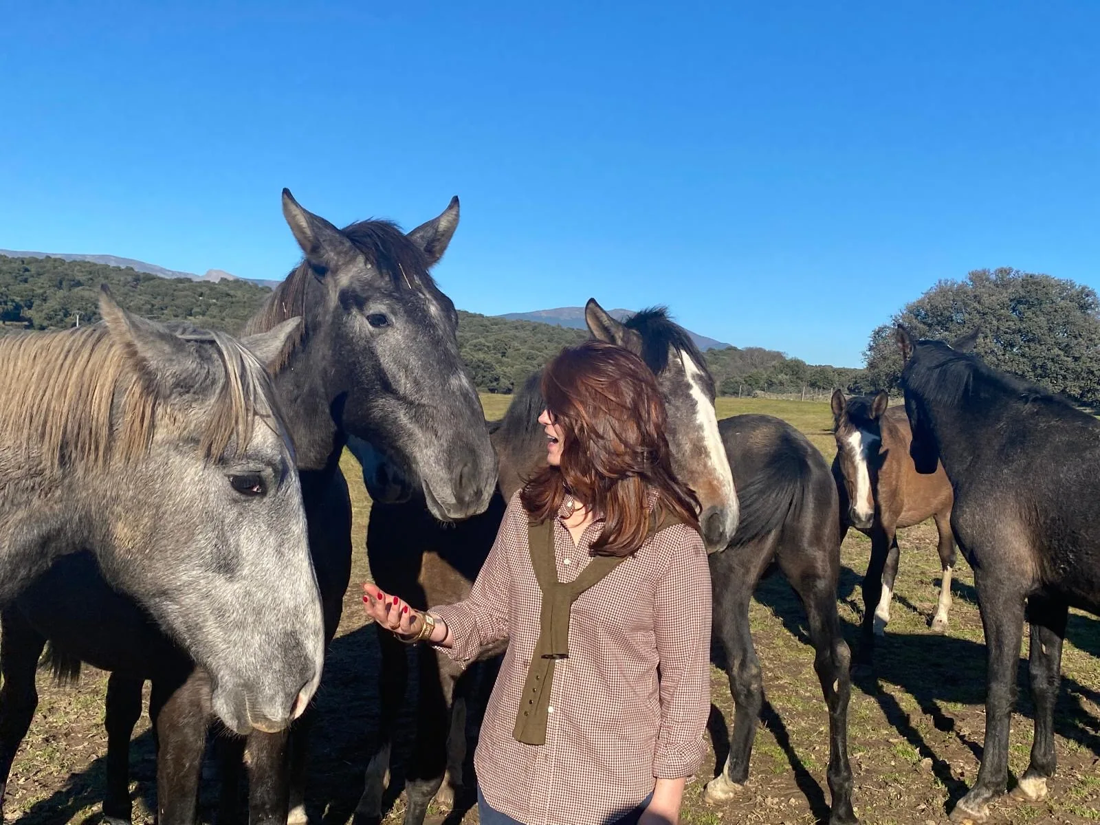 Macarena junto a los caballos de la yeguada